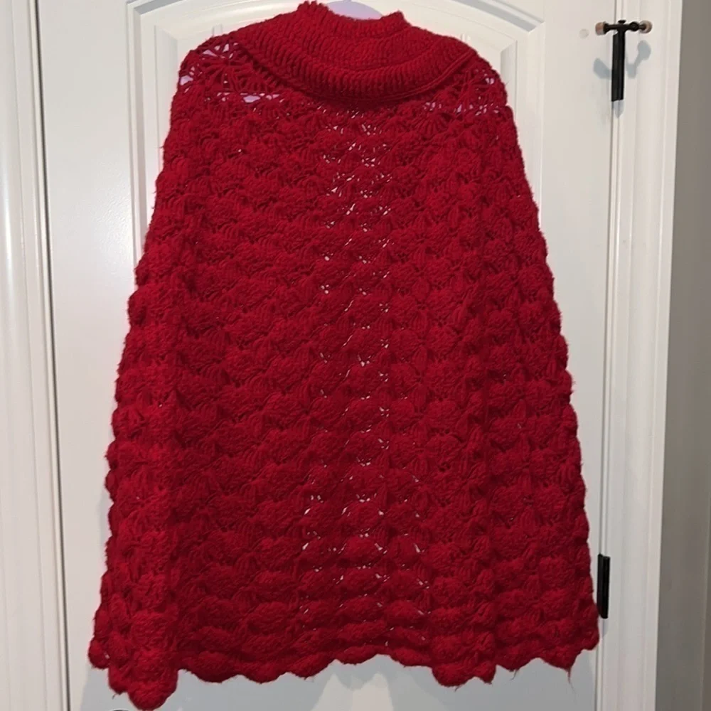 Red chunky crochet handknit open cape poncho boho hippie one size fits most